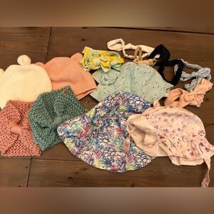 Baby girl headwear bundle - sunhats, beanies, bows - NB to 2T - 14 pieces